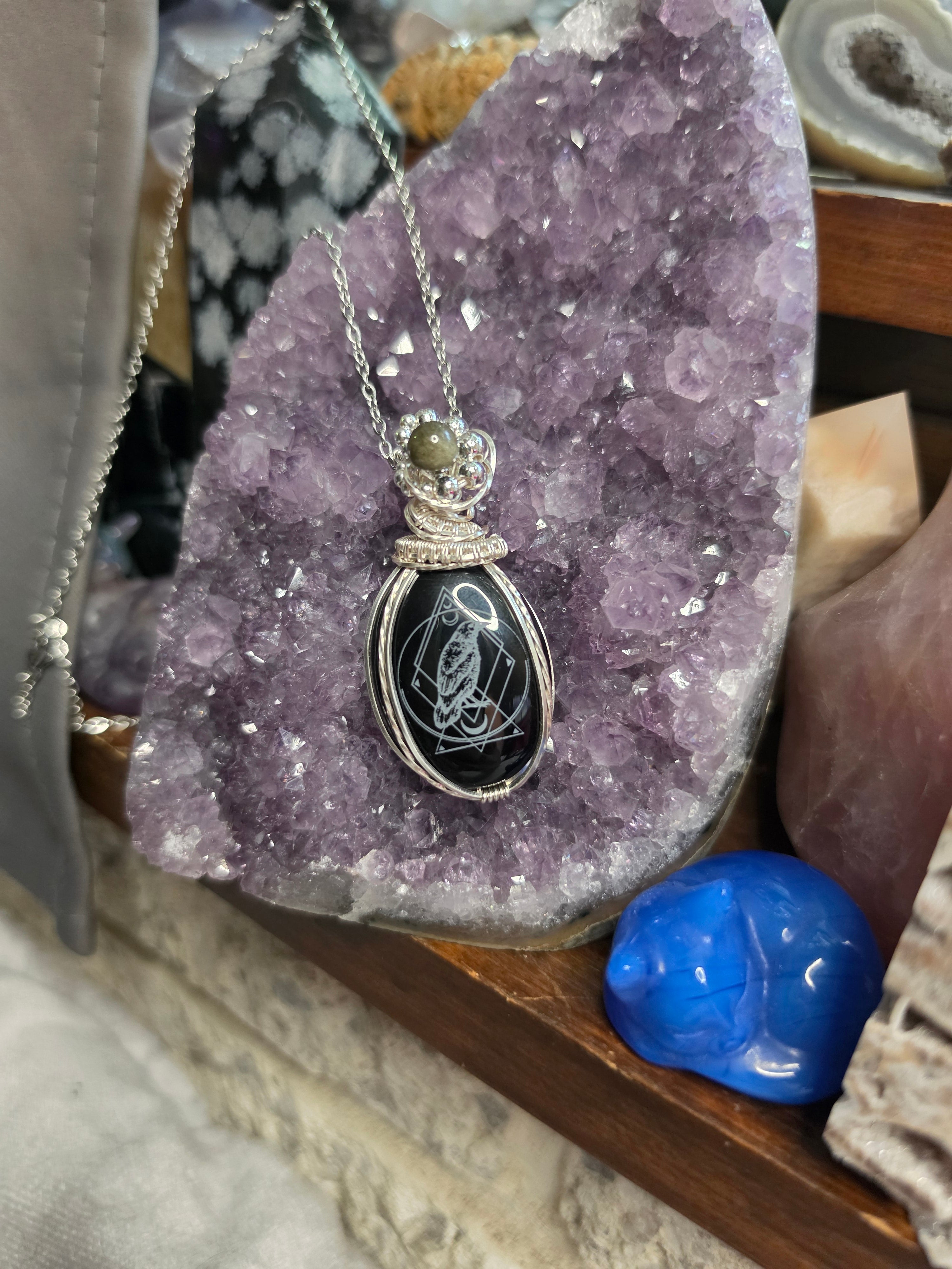 Engraved raven black onxy necklace